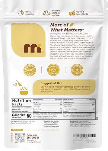 Micro Ingredients Organic Non-Fortified Nutritional Yeast Flakes, 2 Pounds | Vegan Protein, B Vitamins & Beta-glucans | Keto Friendly, Dairy Free Cheese Substitute, Non-GMO, Gluten Free