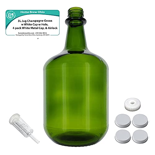 Home Brew Ohio 3L Jug Champagne Green - White Cap with Hole, Econo Three-Piece Airlock, and White Metal Cap Pack of Four