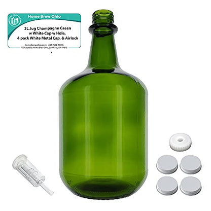 Home Brew Ohio 3L Jug Champagne Green - White Cap with Hole, Econo Three-Piece Airlock, and White Metal Cap Pack of Four