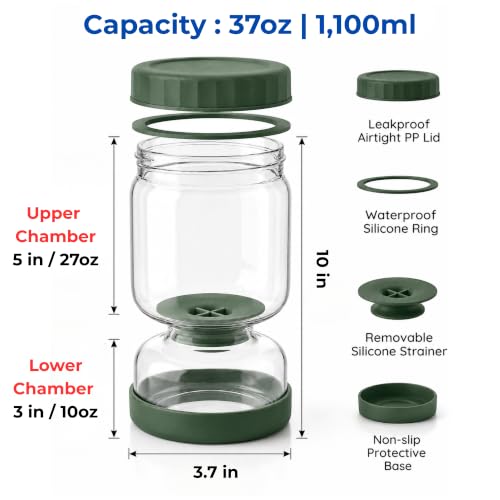Neoflam Pickle Jar with Flip Strainer, 37 oz Glass Pickle Container for Olives, Jalapeños & Kimchi, Hourglass Juice Separator, Airtight Leak-Proof Food Storage, BPA-Free Wide Mouth Jar