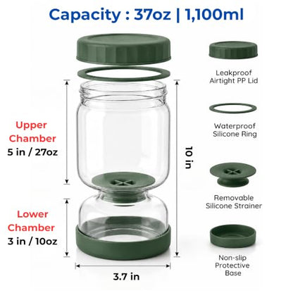 Neoflam Pickle Jar with Flip Strainer, 37 oz Glass Pickle Container for Olives, Jalapeños & Kimchi, Hourglass Juice Separator, Airtight Leak-Proof Food Storage, BPA-Free Wide Mouth Jar