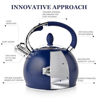 SUSTEAS Stove Top Whistling Tea Kettle - Food Grade Stainless Steel Teakettle Teapot with Cool Touch Ergonomic Handle, With 1 Silicone Pinch Mitt Included, 2.64 Quart,NAVY BLUE - color: Navy Blue
