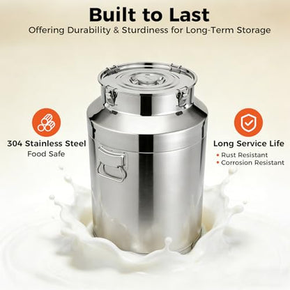 Stainless Steel Milk Can, 76L/20.1Gal Storage Bucket Airtight Canister with Lid, Wine Oil Beverage Storage Container for Kitchen Restaurant Party, W15.8*H25.2in - size: 76L/20.1Gal w/o Faucet