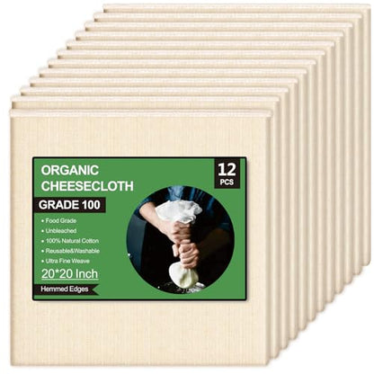 12 Pcs Organic Cheese Cloths 20x20 Inch, Reusable Grade 100 Cheesecloth for Straining,100% Unbleached Cotton Muslin Cheesecloth for Cheese Making, Cooking, Baking, Juicing