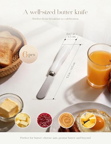 Stainless Steel Butter Knife Spreader with Handle for Kitchen,6 Pack,White | Cheese Knives Set with Porcelain Handle,Dishwasher Safe, for Soft & Hard Cheese, Jam, Cold Butter - style: 6Pack