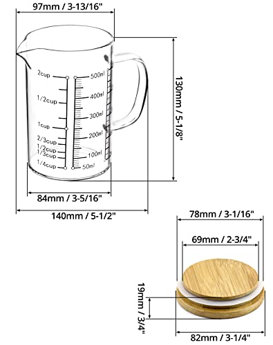 QWORK Glass Measuring Cup, 2 Pack 500ML (18 Oz, 2 Cup), High Borosilicate Glass Scale Cup with Handle and Durable Bamboo Lid, for Kitchen or Restaurant - size: 2 Pack