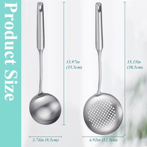 Soup Ladle and Slotted Spoon Set of 2, Metal 316 Stainless Steel Kitchen Ladles Food Strainer, Large Cooking Ladel and Fryer Scoop Kitchen Utensil Set for Stirring Serving Draining Frying - style: 2PCS