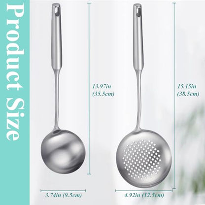 Soup Ladle and Slotted Spoon Set of 2, Metal 316 Stainless Steel Kitchen Ladles Food Strainer, Large Cooking Ladel and Fryer Scoop Kitchen Utensil Set for Stirring Serving Draining Frying - style: 2PCS