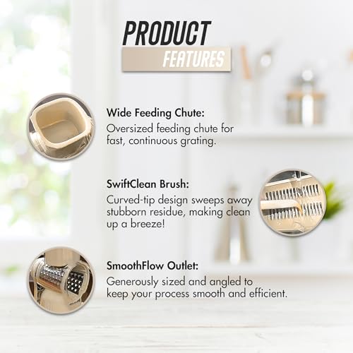 Rotary Cheese Grater Hand Crank, 5 in 1 Vegetable Slicer, Manual Cheese Shredder with Stainless Steel Blades, Food Grater for Cheese Vegetables Nuts, Suction Base, Easy Clean, Beige - color: Beige