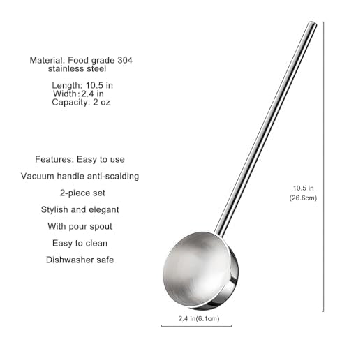 Small Soup Ladle SUS304 Stainless Steel Metal Deep Spoon With Pour Spout 2 oz Long Handle Gravy Ladles Heat-Resistant for Kitchen Cooking Serving Soups and Drizzle Sauces 2 Pack Set (10.5 inch)