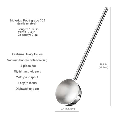 Small Soup Ladle SUS304 Stainless Steel Metal Deep Spoon With Pour Spout 2 oz Long Handle Gravy Ladles Heat-Resistant for Kitchen Cooking Serving Soups and Drizzle Sauces 2 Pack Set (10.5 inch)