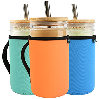 Beautyflier 24oz Mason Jars Drinking Glasses Neoprene Cover, Regular Mouth Mason Jar Neoprene Sleeve, 24oz Wide Mouth Mason Jars Insulators with Handle, Sleeve Only - color: 24OZ, 3COLOR