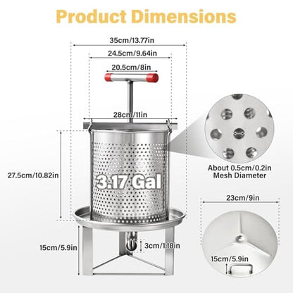 Manual Honey Press Extractor 3.17 Gal 201 Stainless Steel Honeycomb Spinner with Ergonomic T-Handle & Reinforced Tripod Base 0.2" Mesh Detachable Honey Spinner Extractor for Beekeeping Juice Making