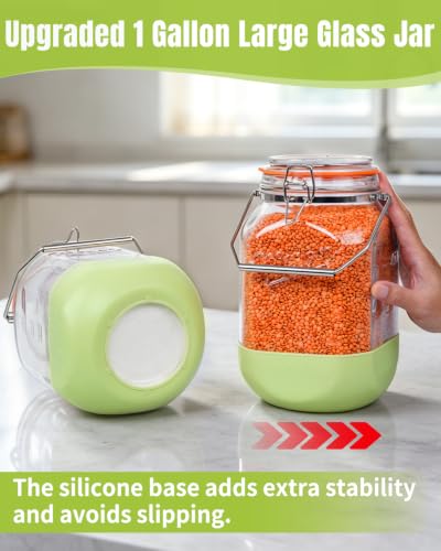 1 Gallon Glass Jar with Lid, 2 Pack Wide Mouth Mason Jars with Airtight Seal, Heavy Duty Glass Storage Container with Handle & Protective Base, Glass Jar for Sun Tea, Pickling, Flour Sugar, Kombucha - size: Large