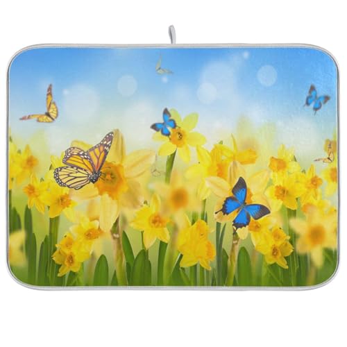 Yellow Daffodils Butterfly Spring Dish Drying Mat for Kitchen Counter Microfiber Drying Mats Absorbent Reversible Dish Pad Draining Mats for Countertop Coffee Mats Large 18x24 inch Gifts - color: daffodils, size: 24" x 18"