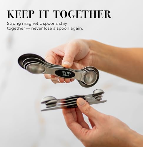 Stanless Steel Magnetic Measuring Spoons Set with Leveler - 8-Piece Heavy Duty Metal, Dual Sided, Stackable, BPA Free, Stainless Steel Measuring Spoons for Dry & Liquid Ingredient - Fits in Spice Jars - color: Black & Silver