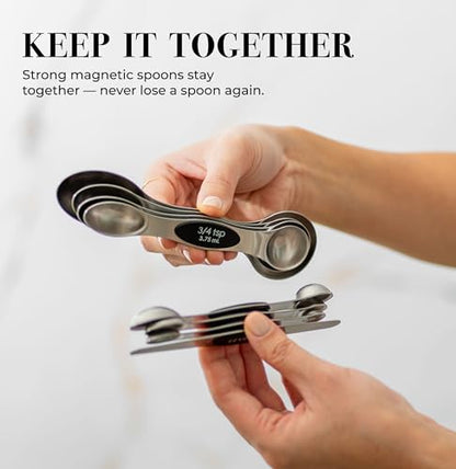 Stanless Steel Magnetic Measuring Spoons Set with Leveler - 8-Piece Heavy Duty Metal, Dual Sided, Stackable, BPA Free, Stainless Steel Measuring Spoons for Dry & Liquid Ingredient - Fits in Spice Jars - color: Black & Silver