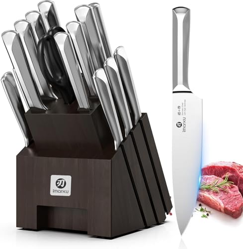 imarku Knife Set, 16Pcs Japanese Knife Set with Block & Built-in Sharpener, High Carbon Stainless Steel Kitchen Knives, Ergonomic Handle, Dishwasher Safe,Santoku Knives, Home Essentials for Gifts - color: Steel Gray