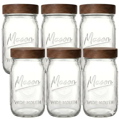 6 Pack 32 oz Glass Jars, Wide Mouth Mason Jars with Acacia Wood Airtight Lids for Food Storage, Snacks, Meal Prep & Lunch Leakproof - color: 6 Pack - Acacia Wood