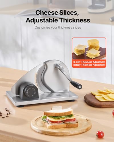 VEVOR Manual Bread Slicer, 0-0.6" Adjustable Thickness Cheese Cutter, Hand Cranked Slicer for Homemade Bread - with Serrated Stainless Steel Blade for Kitchen, Restaurant, Bakery, Party - size: 12.2 x 10.04 x 7.48 in