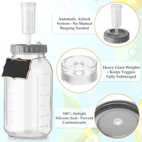 Mifoci 4 Pack Fermentation Jar Kit 64 oz Mason Glass Fermenting Jars with Fermenting Lids Airlock Lids Glass Weights Airlocks Silicone Rings for Easy Making and Storing Pickles Sauerkraut Kimchi
