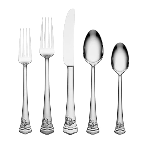 Lenox Silverware Set, Butterfly Meadow II Mirror 65-Piece Flatware Set, Service For 12, 18/10 Stainless Steel, Dishwasher Safe, Cutlery Sets, Utensils Sets, Knives Spoons & Forks (Silver, 65 Pieces) - style: 65-Piece Flatware Set