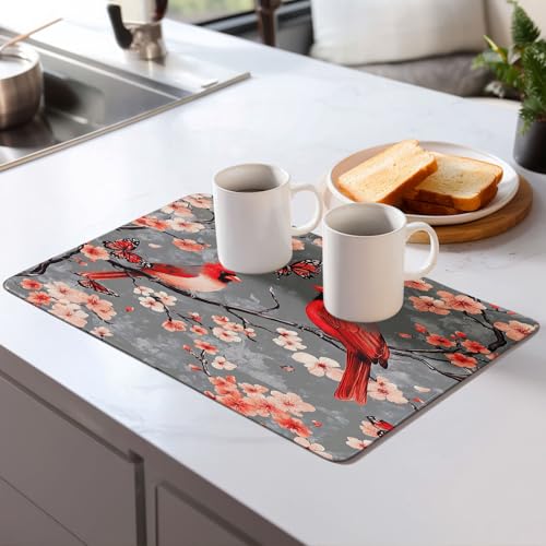 Cardinal Birds Dish Drying Mat for Kitchen Counter Microfiber Super Absorbent Non-Slip Dish Drying Pad for Countertops Dishes Utensils Stylish Quick-Dry Machine Washable 18x24 Inch - color: Cardinal Birds