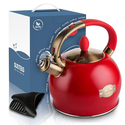 SUSTEAS Stove Top Whistling Tea Kettle - Food Grade Stainless Steel Teakettle Teapot with Cool Touch Ergonomic Handle, With 1 Silicone Pinch Mitt Included, 2.64 Quart(RED) - color: Red