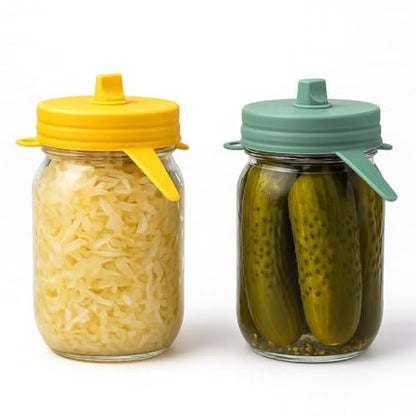 Fermentation Lids for Mason Jars, Silicone Airlock Lids for Sauerkraut, Kimchi & Pickles, Self-Adjusting, Fits Wide & Small Mouth Jars, Starter Kit of 2 - color: Green & Yellow 2.5"