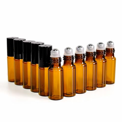 50 PCS 5ml Amber Glass Roller Bottle,Essential Oil Sample Vials with Stainless Steel Roller Ball,Black Caps,for Travel Perfume Cosmetics Small Container(2 Funnels, 2 Dropper, 1 Opener) (5ml) - size: 5ml