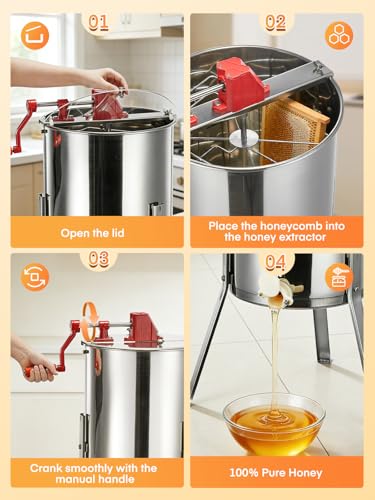 FOHERE 3-Frame Honey Extractor, Food-Grade Stainless Steel Manual Beekeeping Equipment, Apiary Centrifuge with Height-Adjustable Stand, Perfect for Hobby Beekeepers & Home Apiaries - size: 3 Frame