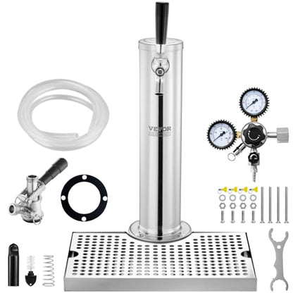 VEVOR Kegerator Tower Kit, Single Tap Beer Conversion Kit, Stainless Steel Keg Beer Tower Dispenser with Dual Gauge CGA320 Regulator & D-System Keg Coupler, Beer Drip Tray for Party Home - style: Single Tap