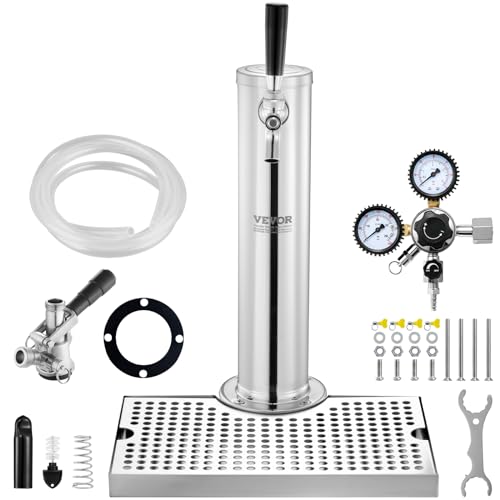 VEVOR Kegerator Tower Kit, Single Tap Beer Conversion Kit, Stainless Steel Keg Beer Tower Dispenser with Dual Gauge CGA320 Regulator & D-System Keg Coupler, Beer Drip Tray for Party Home - style: Single Tap