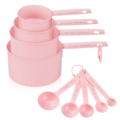 Measuring Cups and Spoons Set of 9, Stainless Steel Measuring cup for Cooking and Baking, Measuring spoons for Dry and Liquid Ingredients (Pink) - color: Pink