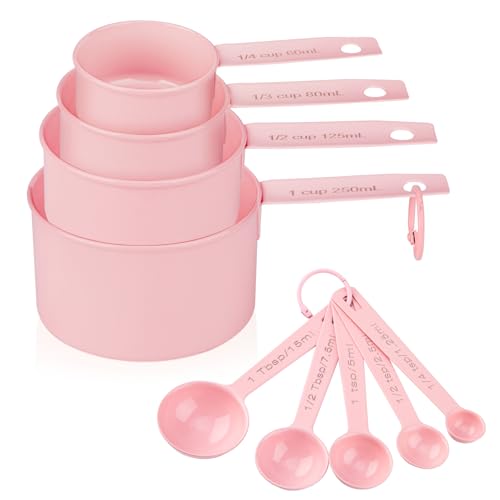 Measuring Cups and Spoons Set of 9, Stainless Steel Measuring cup for Cooking and Baking, Measuring spoons for Dry and Liquid Ingredients (Pink) - color: Pink