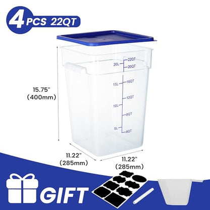BIEAMA 4 Pack Food Storage Containers, 22 Quart with Lids, Square Commercial Containers with Scale, NSF, Polycarbonate, Clear - color: 22Qt-4 Pack(Blue Lids)