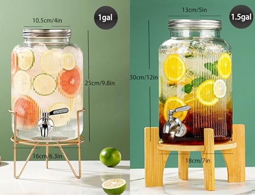 1-Gallon (3.8L) Glass Beverage Drink Dispenser with Stainless Steel Spigot and Lid, Glass Drink Jar Brew Kombucha,Mason jar Container for Water Juice Sun tea Dispenser at Party Fridge,Clear
