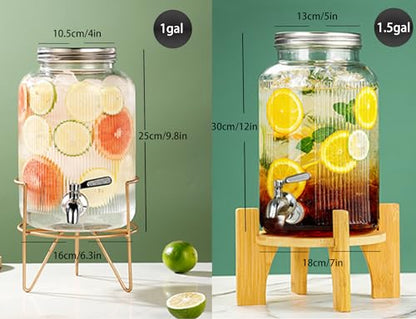1-Gallon (3.8L) Glass Beverage Drink Dispenser with Stainless Steel Spigot and Lid, Glass Drink Jar Brew Kombucha,Mason jar Container for Water Juice Sun tea Dispenser at Party Fridge,Clear