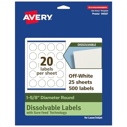 Avery Dissolvable Round Labels, Sure Feed Technology, 1-5/8" Diameter, Matte White, Print-to-The-Edge, Laser/Inkjet Printable, 500 Labels Total - style: 500 labels