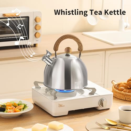 18/8 Stainless Steel Tea Kettle for Stovetop (3L / 3.17 Quart, Whistling Tea Pot, Wood Handle)-Silver - size: 3.2 Quarts
