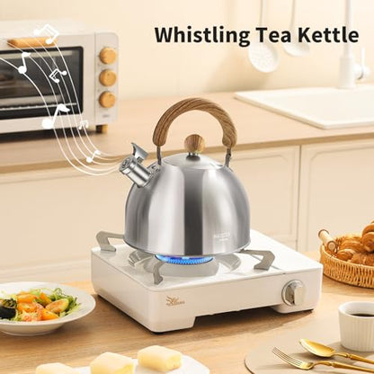 18/8 Stainless Steel Tea Kettle for Stovetop (2L / 2.1 Quart Whistling Tea Pot, Wood Handle)-Silver - size: 2.1 Quarts