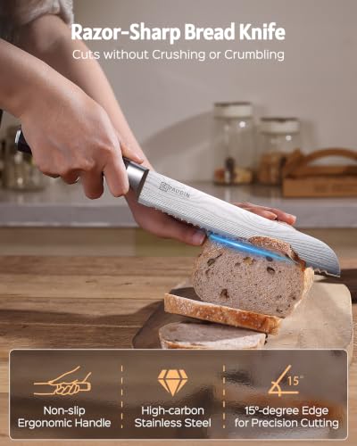 PAUDIN Bread Knife 8", Ultra Sharp Wave Edge - Forged Premium German HC Stainless Steel, Serrated Bread Knife for Homemade Bread and Sourdough Bread, Pakkawood Handle - style: 8 Inch Bread Knife
