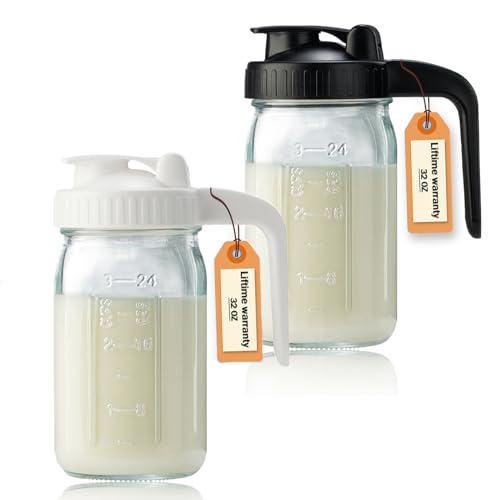 32oz Glass Pitcher with Lid & V-shaped Pour Spout - 1 Quart Double Leak Proof, Creamer Container for Sun Tea, Juice, Cold Brew Coffee, Breastmilk Storage Container - color: Black+White, size: 32 Ounces