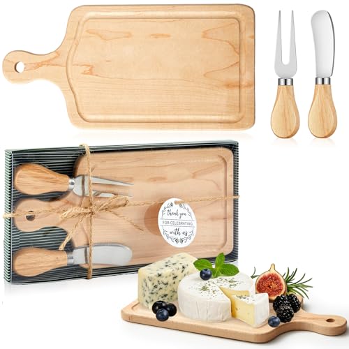 Ziliny 1 Set Bridal Baby Shower Cheese Prizes Wooden Square Board Gift Set Knives Forks Thank You Tags with Box for Guests for Valentines Bridal Baby Shower Housewarming (Maple Wood) - color: Maple Wood Color