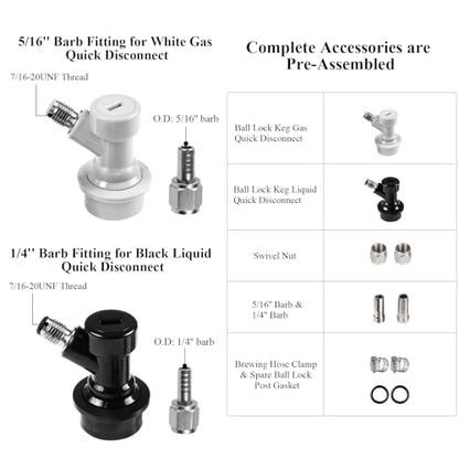 1 Pairs Corny Keg Ball Lock Quick Disconnect Set, Home Brewing Cornelius Keg Parts Ball Lock Keg Fittings with Stainless 5/16'' Gas 1/4'' Beer Barb Swivel Nuts Hose Clamp for Keg Post Coupler