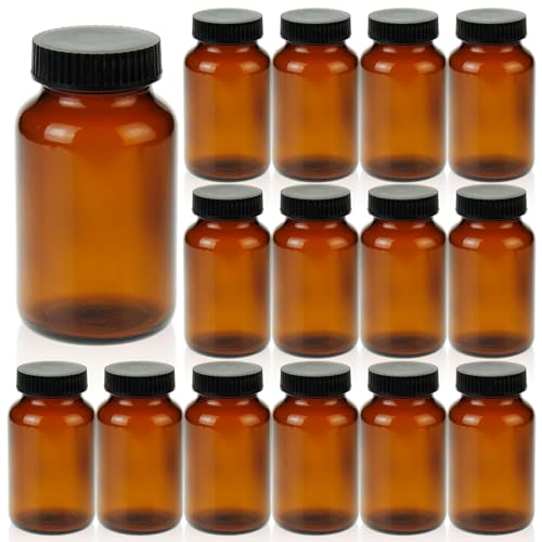 200 ml(6.7 OZ) Amber Glass Wide Mouth Packer Bottle with Black Ribbed Cap, UV Light Resistant Jars for Pills, Capsules, Essential Oils, DIY Salves - Airtight Storage Container，Pack of 24 bottle - size: 6.7 OZ