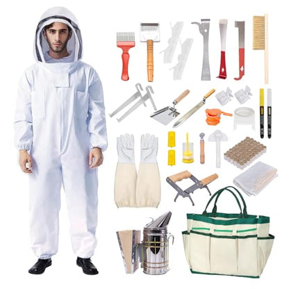 31Pcs Beekeeping Supplies Tools Kit with Bee Suit, Bee Keeping Supplies All Include Bee Marking Pen Bee Smoker Beehive Frame Holder Bee Frame Grip, Beekeeping Starter Tool Set for Beekeeper (XXL) - size: XXL