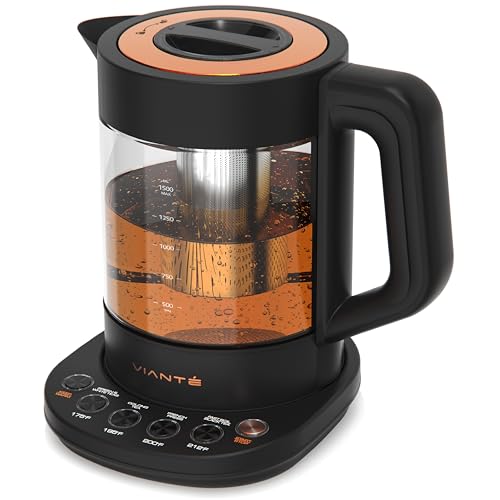Viante Alba Electric Tea Kettle With Infuser, No Plastic, 1.5L, Black | Borosilicate glass & 304 stainless steel construction. 4 temp presets, keep-warm, cordless, auto shut-off - style: Black