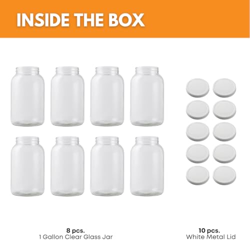 FastRack 8 pack One Gallon Wide Mouth Jar with 10 White Metal Airtight Lids | Glass Canisters with Airtight Lids | Large Mouth Glass Jar with Fermentation Lid for brewing, fermentation and pickling - size: 8 Pack