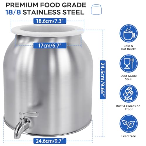 Stainless Steel Water Dispenser, 2.5 Gallon Drink Dispenser with 18/8 Stainless Steel Spigot & Airtight Lid, Water Cooler Dispenser Countertop for 3-5 Gallon Bottle, Water Crock for Parties Home